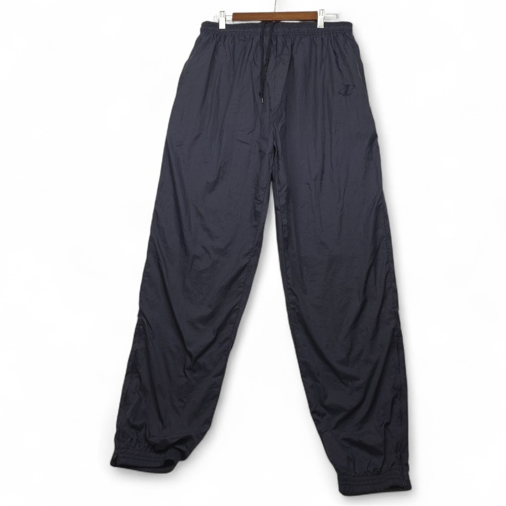Vintage‎ 90s Logo Athletic Track Pants Large Navy Blue Nylon Lined Windbreaker